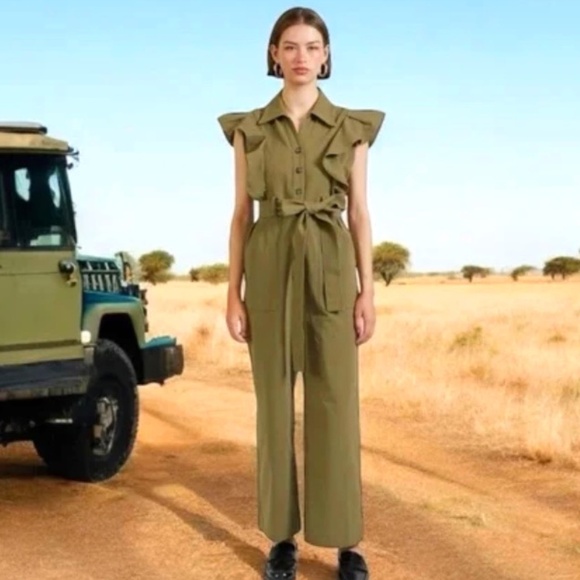 En Saison Essie Cotton Wide Leg Safari Jumpsuit Olive SZ XL